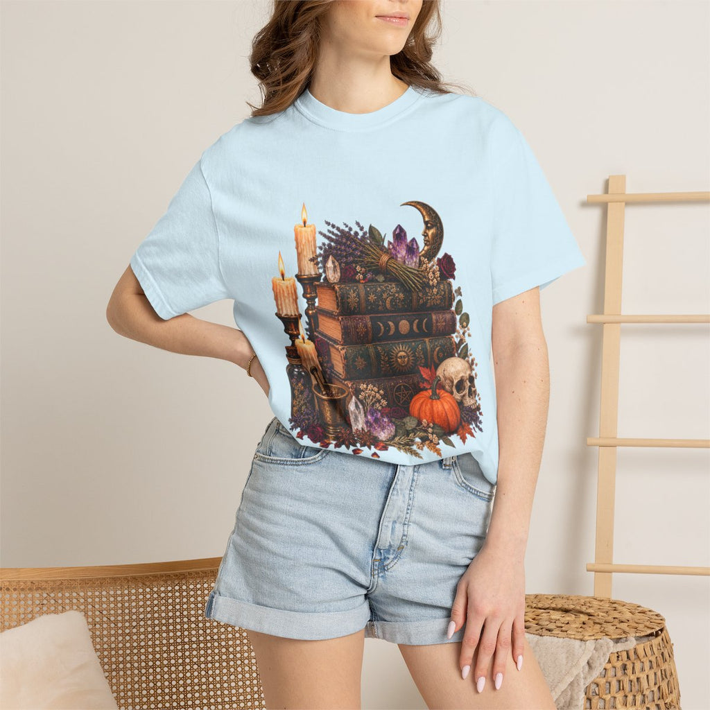Witchy Book Stack with Candles and Pumpkin T-Shirt | Gothic Halloween Illustration