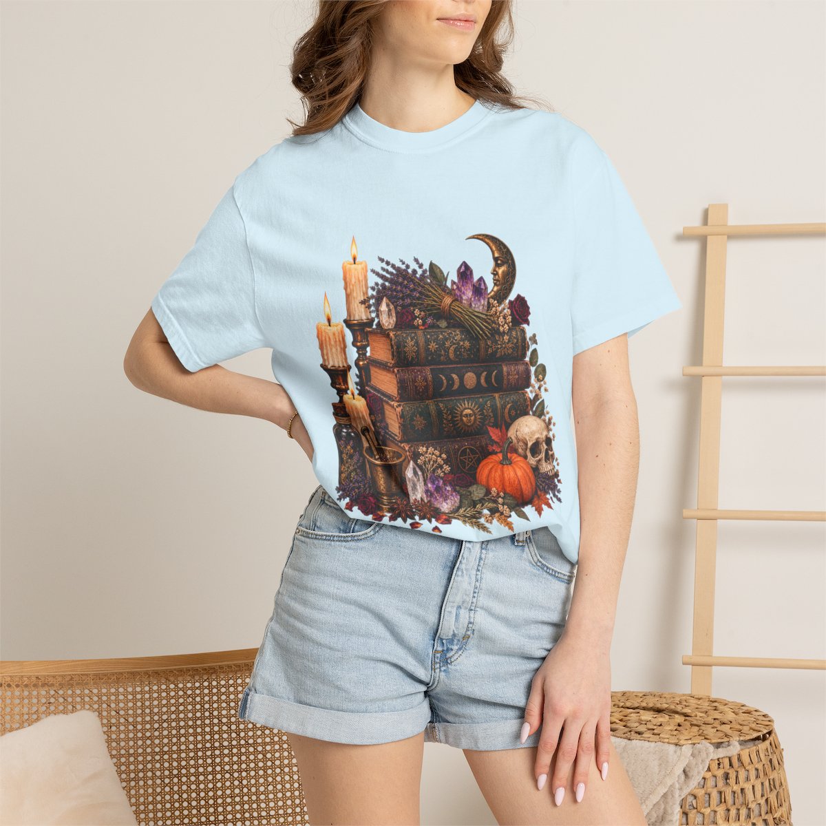Witchy Book Stack with Candles and Pumpkin T-Shirt | Gothic Halloween Illustration