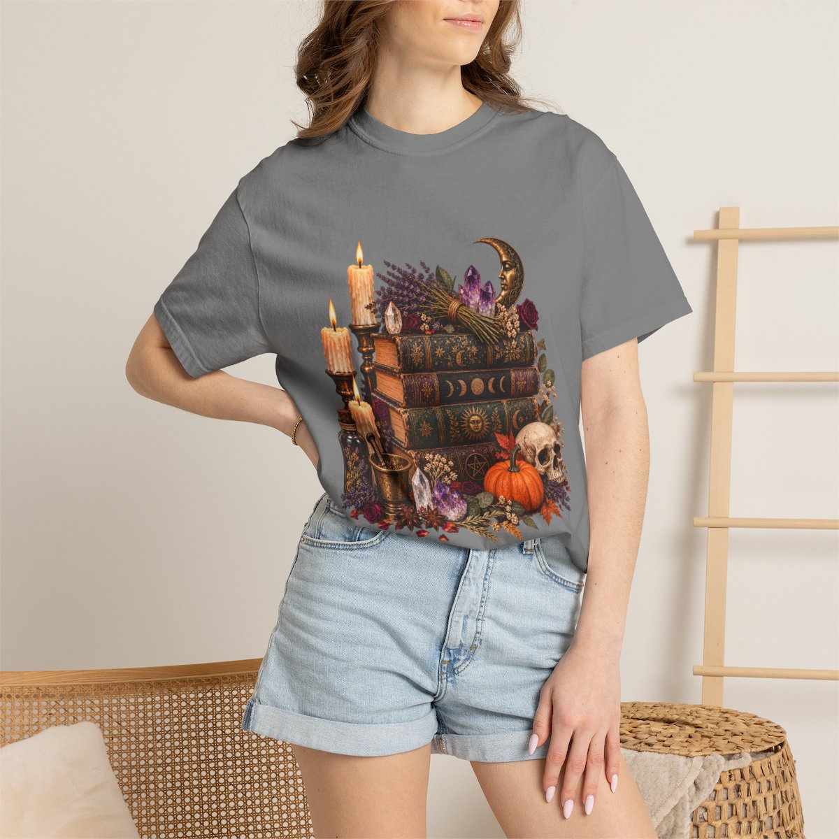 Witchy Book Stack with Candles and Pumpkin T-Shirt | Gothic Halloween Illustration