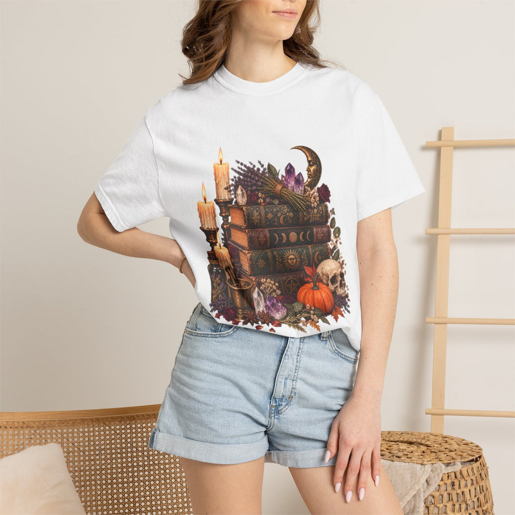 Witchy Book Stack with Candles and Pumpkin T-Shirt | Gothic Halloween Illustration