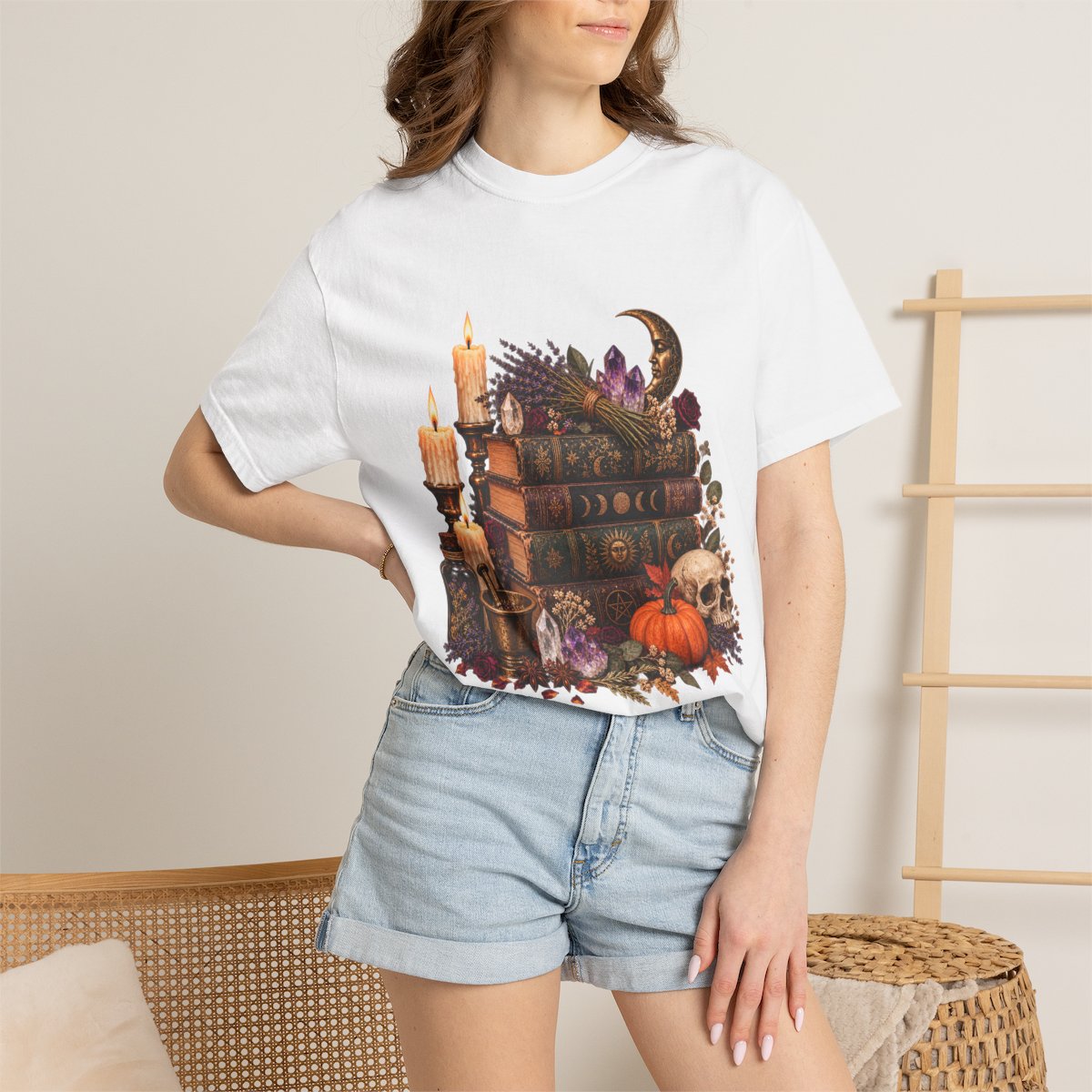 Witchy Book Stack with Candles and Pumpkin T-Shirt | Gothic Halloween Illustration