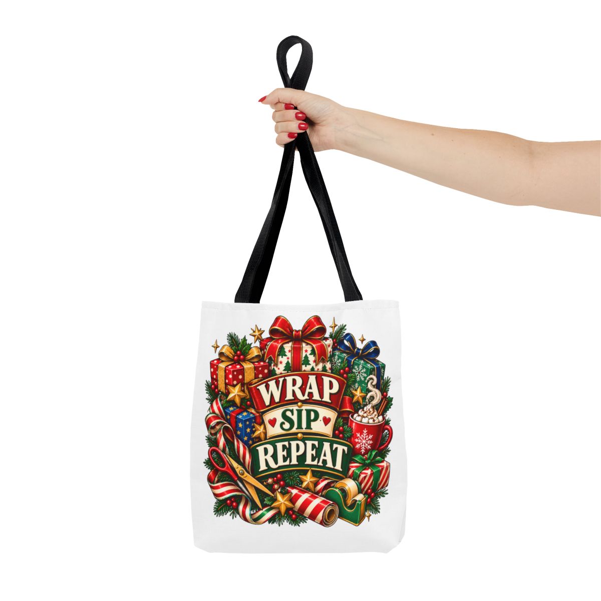 Wrap Sip Repeat Tote Bag | Christmas Wreath, Holiday Gifts, Candy Canes