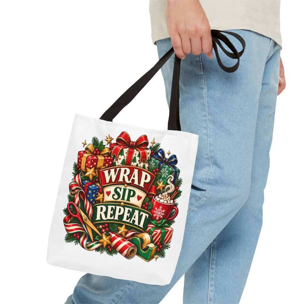 Wrap Sip Repeat Tote Bag | Christmas Wreath, Holiday Gifts, Candy Canes