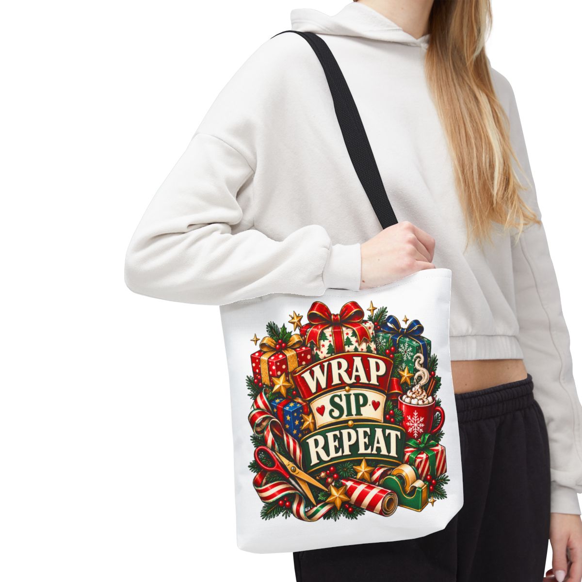 Wrap Sip Repeat Tote Bag | Christmas Wreath, Holiday Gifts, Candy Canes