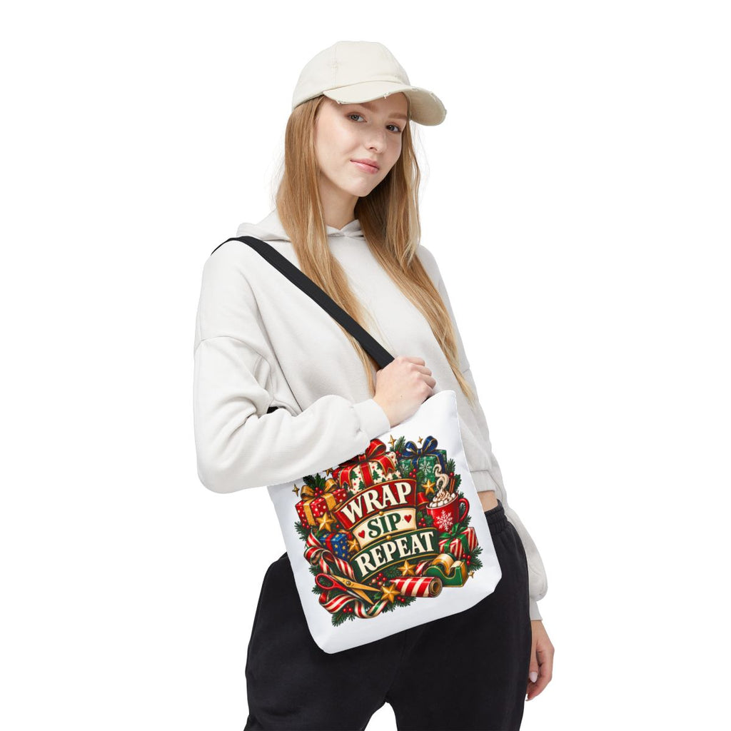 Wrap Sip Repeat Tote Bag | Christmas Wreath, Holiday Gifts, Candy Canes