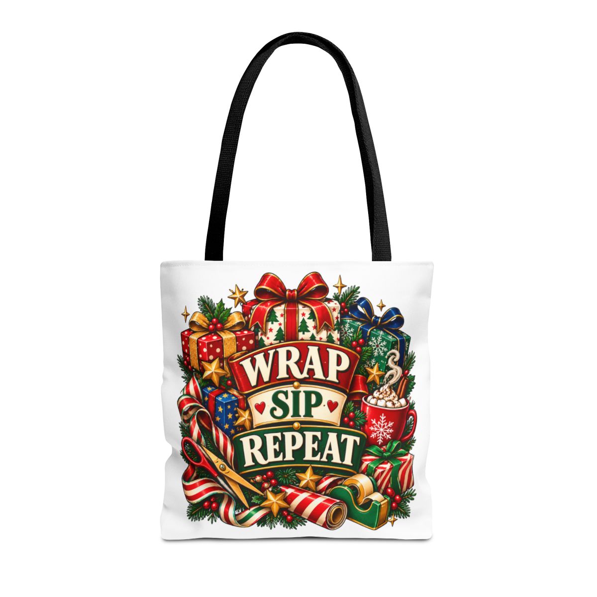 Wrap Sip Repeat Tote Bag | Christmas Wreath, Holiday Gifts, Candy Canes
