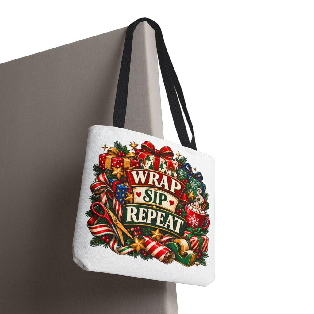 Wrap Sip Repeat Tote Bag | Christmas Wreath, Holiday Gifts, Candy Canes